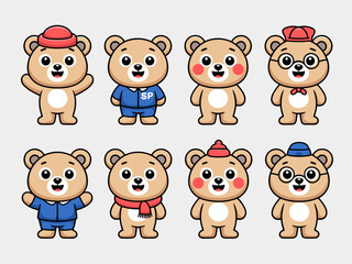 Adorable Teddy Bear Character Set Illustration, Charming Vector Cartoon Animals with Clothing and Accessories for Children's Education, Mascot Design, Smiling Face, Kawaii Style, Presentation Graphics