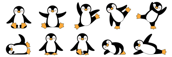 Cute Penguins Exercising Yoga Poses on White Background: Cartoon Aquatic Birds in Various Stretching Positions for Wellness, Health and Relaxation Graphics & Children's Educational Material (Icons, Ve