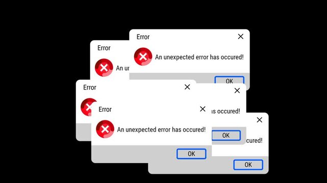 Shows multiple overlapping error popups, representing system overload or cascading faults and emphasizing the accumulation of unresolved digital issues.