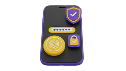 Digital Security Mobile Phone With Fingerprint Scan Password Padlock Shield And Check Mark Icon On Transparent Background