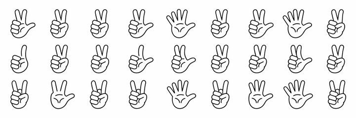 Diverse Hand Gestures Pattern - Peace Signs, Counting, Victory Poses on White Background - Black and White Hand Drawn Line Art for Communication, Connection, Unity, and Expression, Perfect for Social