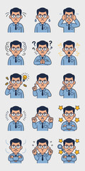 Professional Cartoon Businessman Expressing Diverse Emotions and Reactions in Office Environment: Employee Management, Corporate Communication, Business Presentation, and Modern Graphic Design Assets