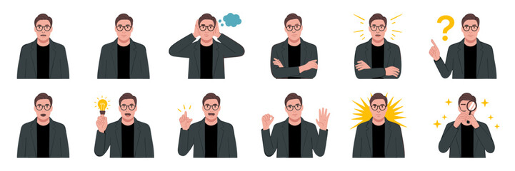 Diverse Professional Man Expressing Ideas & Concepts on White Background, Representing Business Communication, Problem Solving, Innovation & Discovery in Modern Workplace with Thoughtful Poses, Expres