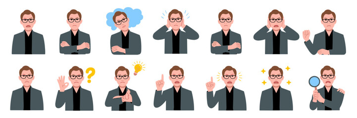 Professional Businessman Expressing Diverse Emotions and Ideas in Office Setting:  Vector Illustration Set for Business Presentations, Marketing Materials, and Corporate Communication, Featuring a Man