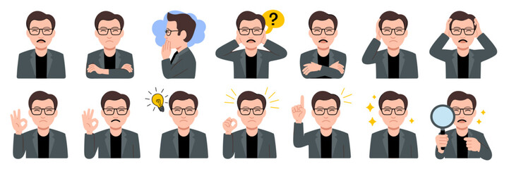 Professional Man Expressing Diverse Emotions and Thought Processes in Office Setting: Businessman displays Thinking, Confusion, Inspiration, Frustration, and Okay Gestures for Presentations & More, Mo