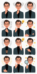 Pensive Business Professional Expressing Diverse Emotions & Ideas: Office Worker in Varied Poses Showing Confusion, Eureka Moment, Investigation, and Confidence for Corporate Communications, Learning