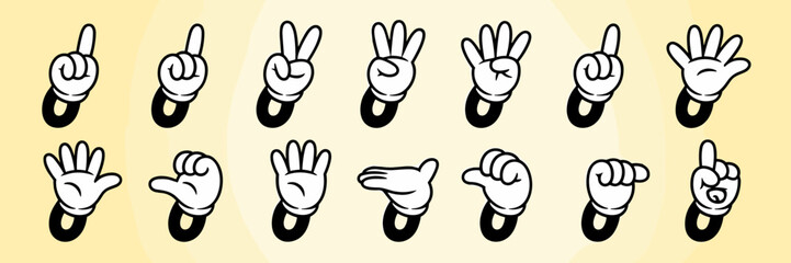 Obraz premium Cartoon Hand Gestures Counting from One to Five in Various Poses and Expressions on Yellow Backdrop, Representing Numbers, Communication, Symbolism for Education, Creativity, or Animation Projects, Bo