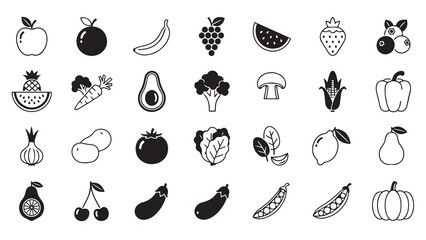 A hand drawn collection of various fruits and vegetables in black and white outline vector.
