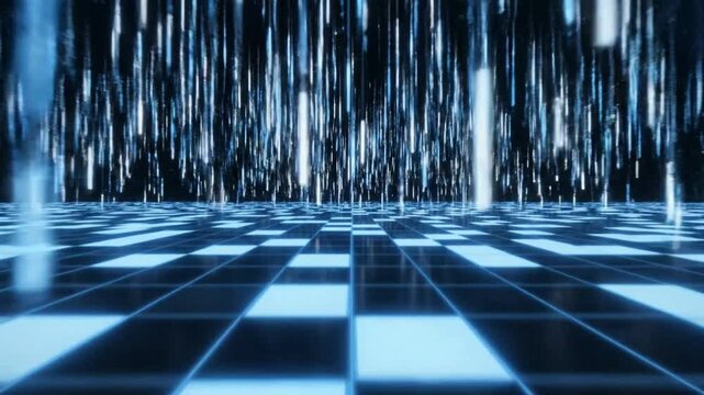 Title: Digital matrix code falling in a futuristic blue grid environment with glowing lines and a