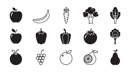 A hand drawn collection of various fruits and vegetables in black and white outline vector.
