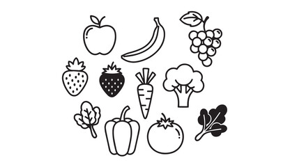 A hand drawn collection of various fruits and vegetables in black and white outline vector.