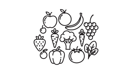 A hand drawn collection of various fruits and vegetables in black and white outline vector.
