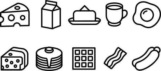 Fototapeta premium Breakfast Food Icons Cheese Milk Butter Coffee Egg Pancakes Waffle Bacon Hotdog Keywords: cheese