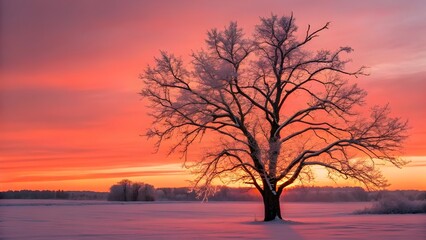 Naklejka premium Dead Tree Branches Glittering With Hoarfrost Set Against A Crimson Winter Sunset Sky, Showcasing Nature’s Silent Beauty, Frosted Elegance, And The Poetic Stillness Of Cold Evenings