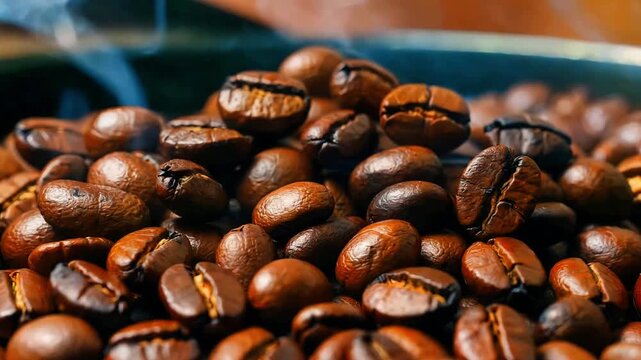 Roasted coffee beans close up macro shot steam rising from dark brown arabica robusta fresh brew aroma caffeine energy morning beverage preparation gourmet quality ingredient food product