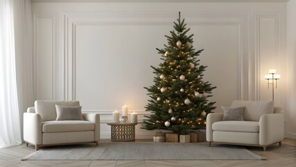 Fototapeta premium Simple Scandinavian-Style Living Room With A Minimalist Christmas Tree, Neutral Tones, And Softly Glowing Candles, Showcasing Cozy Elegance, Calm Design, And Modern Holiday Warmth