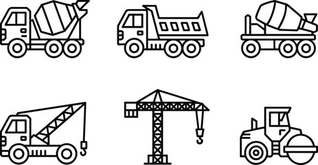 Construction Vehicle Icons with Cement Mixer and Crane truck dump truck