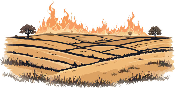Flat vector illustration of wildfire spreading across dry farmland, golden fields with orange flames and two trees on horizon