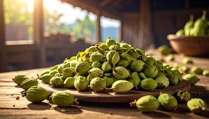 Close-up of green, round fruit piled on a wooden surface