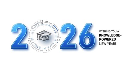 A futuristic blue 2026 new year logo with a graduation cap and knowledge powered text on a white background