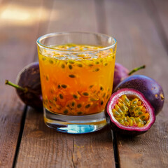 Fresh passion fruit juice in a glass with seeds, surrounded by whole and halved fruits on a rustic wooden table, showcasing tropical freshness.