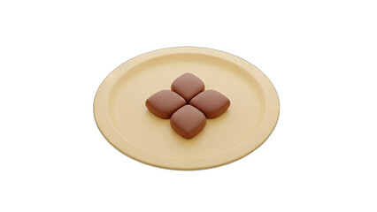 Four Square Chocolate Brownies on a Light Yellow Round Plate with a Transparent Background Ready for Dessert or Baking Creations