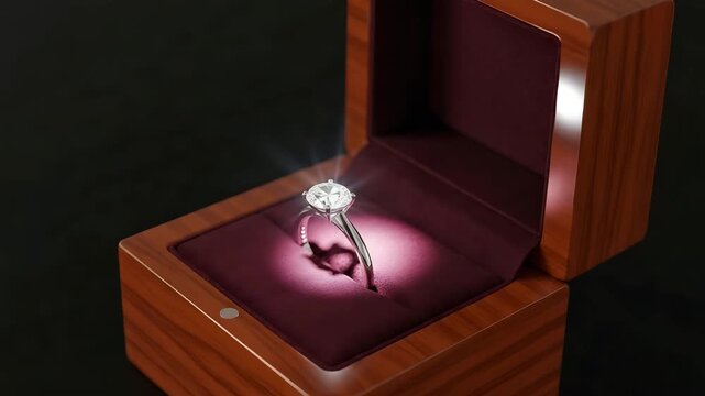 Diamond engagement ring sparkling inside an open luxurious wooden jewelry box with a velvet interior.