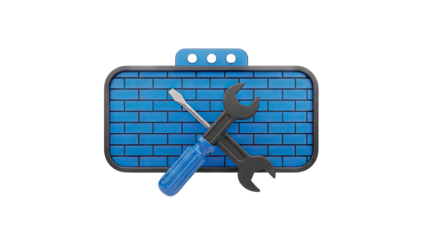 Digital Firewall Security Service Icon Crossed Wrench and Screwdriver Tools on Blue Brick Wall Graphic Element with Transparent Background