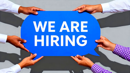 We are hiring sign held by diverse hands recruitment announcement job opening opportunity employment career growth team building business expansion staffing needs talent acquisition human resources co