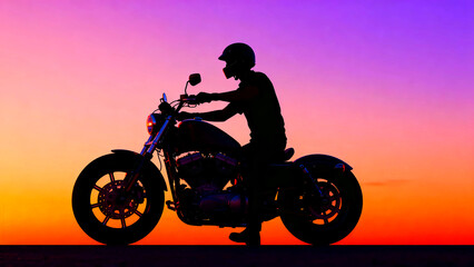 Fototapeta premium Motorcycle rider silhouette against vibrant sunset sky chopper cruiser biker on open road adventure freedom travel journey powerful machine dramatic lighting orange pink purple gradient background ext
