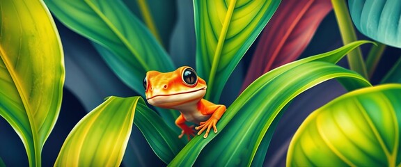 Adorable orange gecko peeking from vibrant tropical leaves, watercolor style,  playful,  wildlife