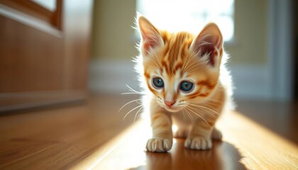 A tiny ginger kitten with vibrant blue eyes investigates a sunbeam on a wooden floor, tiny, light