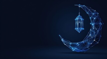 A celestial crescent moon and a hanging lantern, a symbol of spirituality and contemplation, illuminated by radiant light. ..Created with Generative AI, not depicting real subjects.