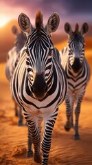 Naklejka premium Three zebras standing together in the savannah during sunset