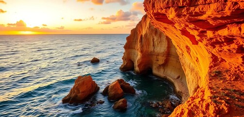Golden hour sunset hues paint cliffs overlooking ocean at Pelican Cove,  landscape,  coast
