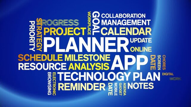 Planner App animated word cloud-text design animation tag kinetic typography seamless loop.