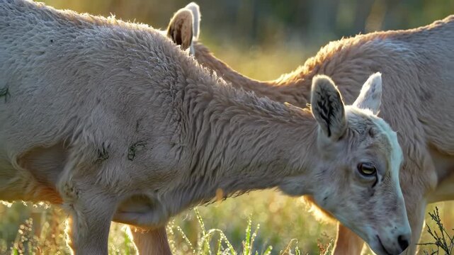 Two young Oryx antelopes in golden light grazing, mammals, wildlife, nature.