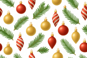 Christmas ornaments and pine branches seamless pattern, festive holiday baubles and fir needles on transparent background