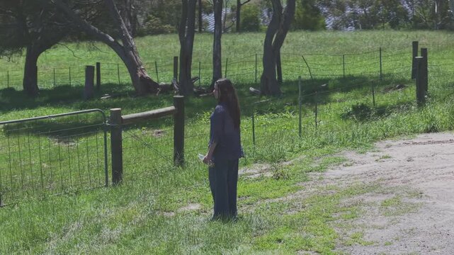 Serene moment at Silvan Reservoir park with a lone person, lush greenery, and pastoral charm. Trees filter soft sunlight as the subject contemplates nature in this peaceful setting.