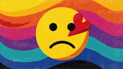An artistic illustration features a central emoticon with a melancholy expression and a broken heart symbol,