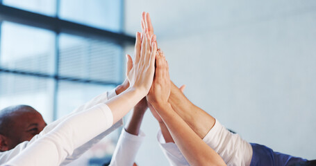 Hands, high five and medical team in hospital for celebration, motivation and wellness success....