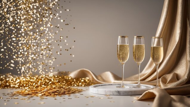 champagne glasses on christmas table. Two champagne flutes filled with bubbly sit on a surface adorned with scattered gold confetti, creating a festive ambiance. A sleek marble base holds burning cand