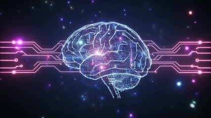 Futuristic digital brain with intricate glowing circuit patterns and vibrant cosmic background, abstract tech concept - Powered by Adobe