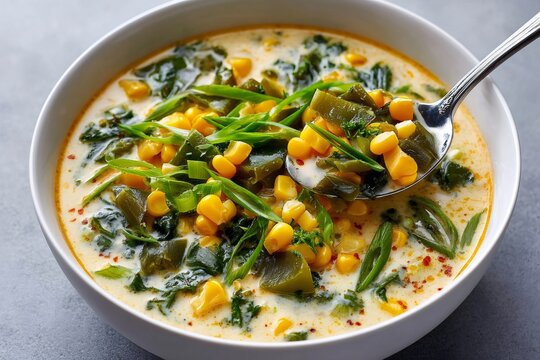 Creamy corn chowder with poblano peppers and scallions