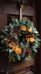 Natural Christmas wreath dried orange slices, pinecones, and cinnamon sticks tied with twine.