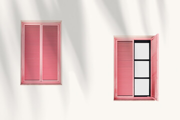 Retro Window with pink Shutters Jalousie on light pink background with palm leaf shadow, Closed and open Window frames wood on outdoor wall building. Minimal design abstract. Summer, travel concept