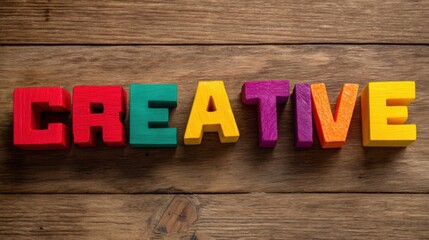 Fototapeta premium A collection of colorful wooden blocks spelling out CREATIVE on a rustic wooden table with natural light enhancing the v