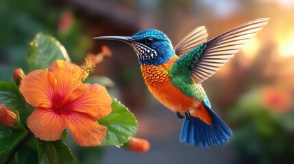 Naklejka premium Vibrant hummingbird in flight near orange hibiscus flower in garden