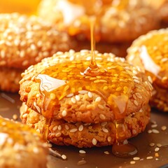 Close-up of honey being drizzled over a stack of sesame seed cookies
