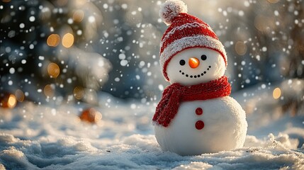 Happy snowman in a snowy landscape decorated for the holidays. 